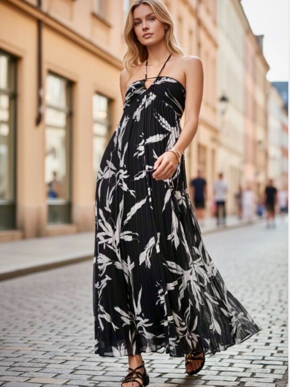 White House Black Market Halter Pleated Maxi Dress with White Floral Print - NWT